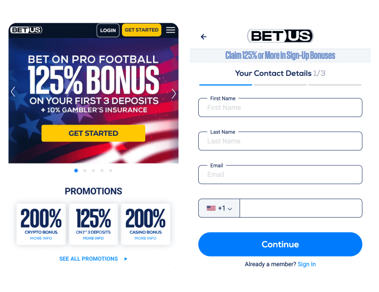 Bonus selection and registration process at BetUs casino