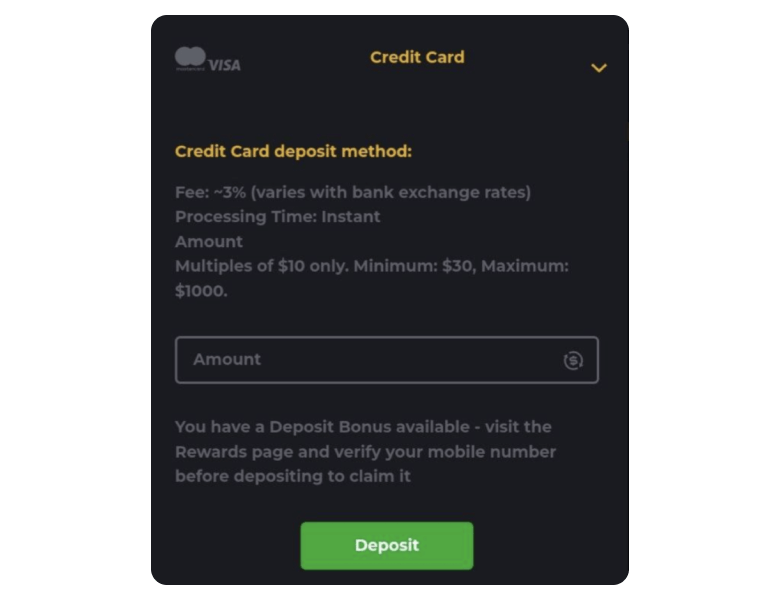 Page for making a deposit at an online casino with a Mastercard credit card