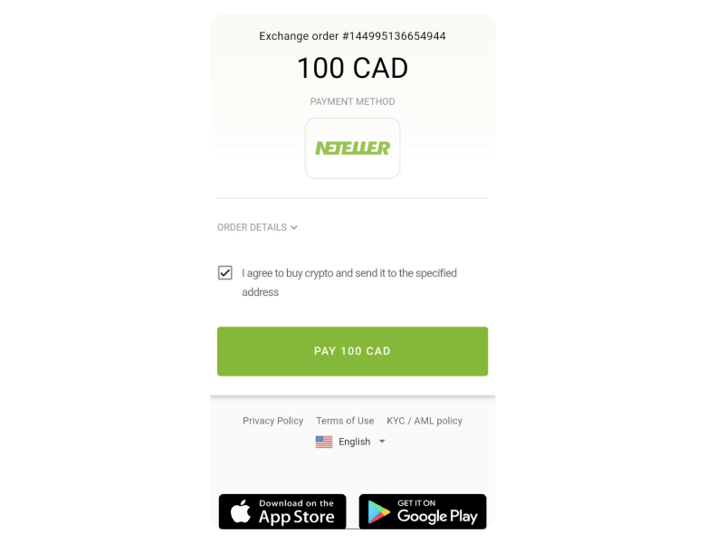 Deposit confirmation page in Neteller account