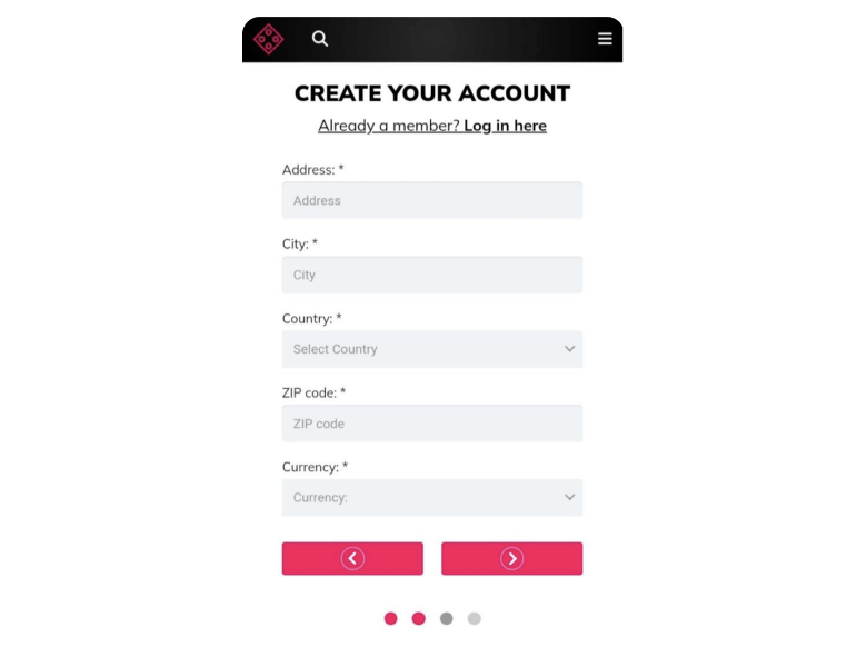 Image of the fields for entering your residence, ZIP-code and currency in Mastercard Casino
